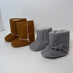 Set of 2 Infant Baby Booties Brown Faux Suede Grey Ribbed Knit Bow 6-12 Months